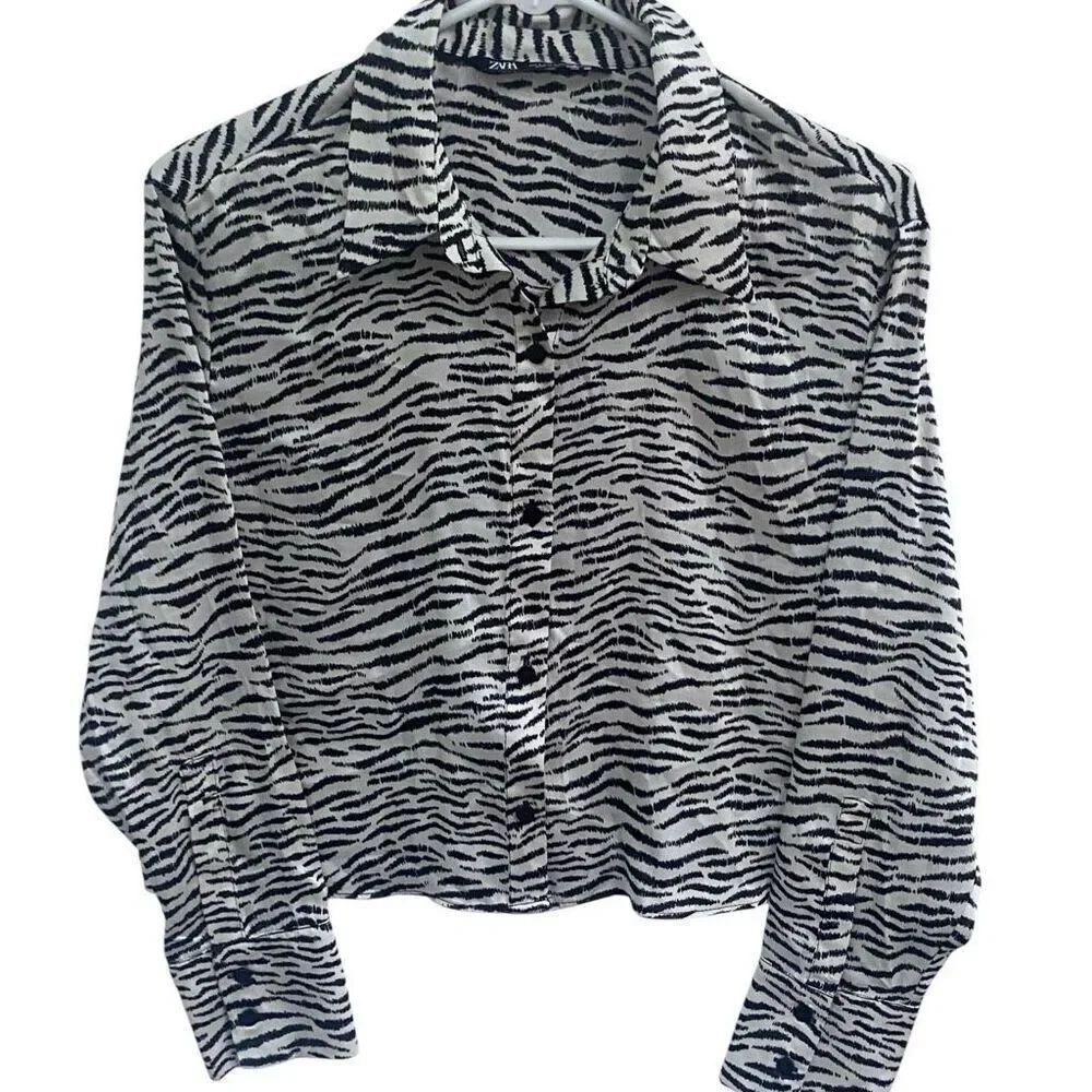 ZARA Zebra Print Cropped Button Down Shirt Blouse Sz Sm Long Sleeve Animal Print